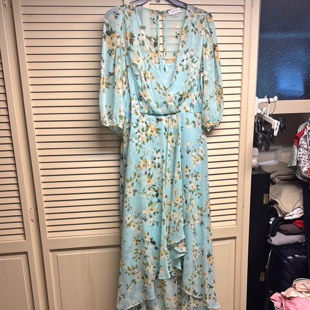 Calvin Klein Pink and White High-Low Wrap Dress